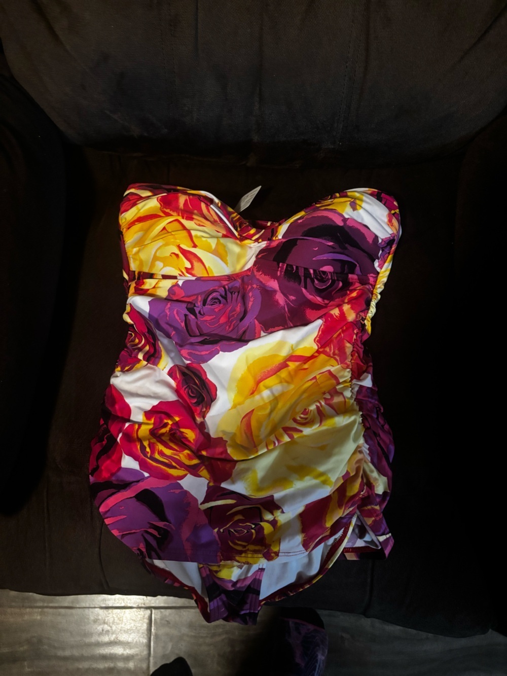 Jantzen Floral Strapless Swimsuit in Yellow, Magenta & Purple